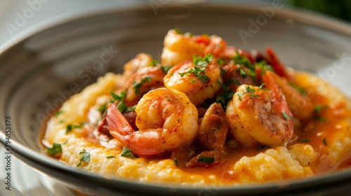 Culinary delight in a top shot of Shrimp and Grits with creamy textures and a topping of succulent shrimp, focused lighting, isolated background