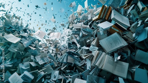 An illustration of digital data waste concept, depicting a large pile of oversized, useless files and folders symbolizing excessive information storage in the digital space. photo