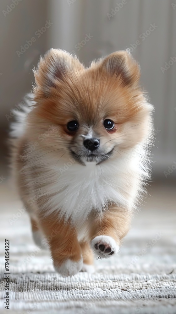 An irresistibly cute Pomeranian puppy captured mid-run with a playful demeanor An irresistibly cute Pomeranian puppy captured mid-run with a playful demeanor