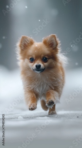 Energetic Pomeranian dog running in a snowy environment, displaying motion and the joy of a pet in winter wonderland © Odin AI