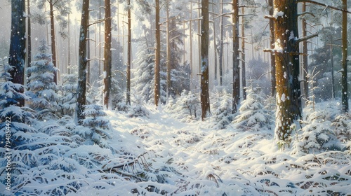 Snow covered mixed winter forest undergrowth