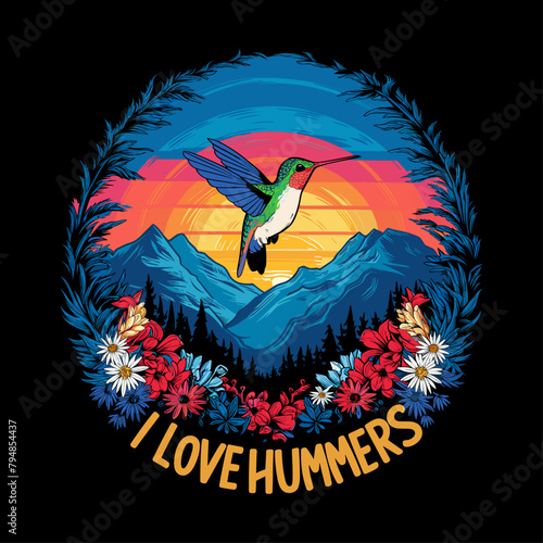 I Love Hummers Colibri Hummingbird Vintage Sunset vector design