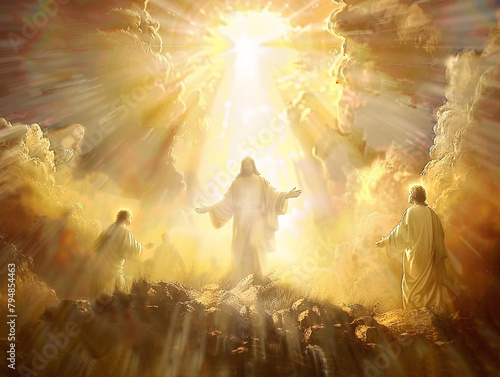 Jesus shining brightly on a mountain, surrounded by disciples with radiant light illuminating the scene. photo