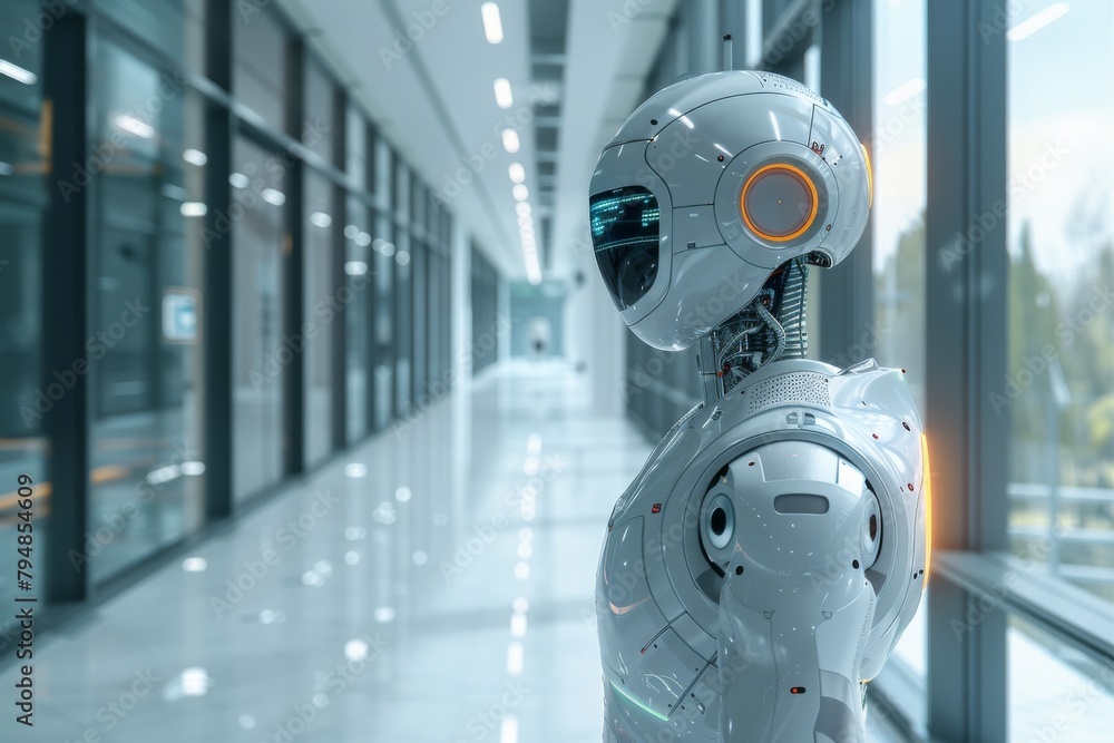 A modern, humanoid robot featured in a high-tech corridor, showcasing advanced artificial intelligence and futuristic design A modern, humanoid robot featured in a high-tech corridor, showcasing advanced artificial intelligence and futuristic design