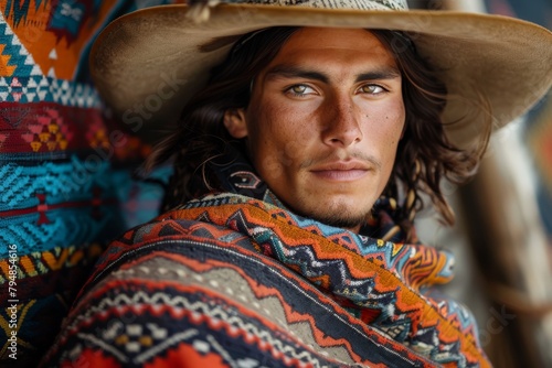 A man with a contemplative expression wears traditional South American textiles in a richly colored portrait