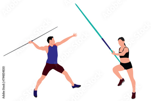 Male Javelin throwers and woman with pole vault. 
