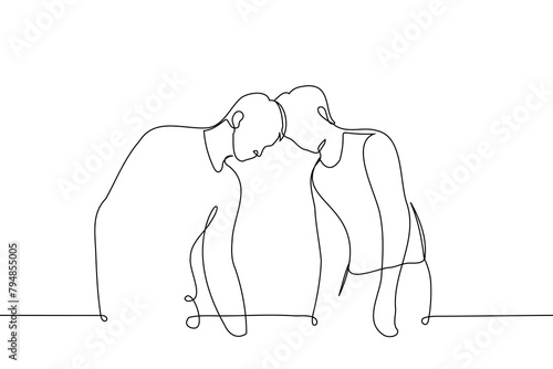 men standing resting their foreheads against each other - one line art vector. concept homosexual couple or male friends in confrontation or conflict, hardheaded or stubborn people