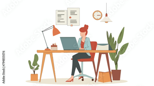 Woman working at home office desk Hand drawn style veiw photo