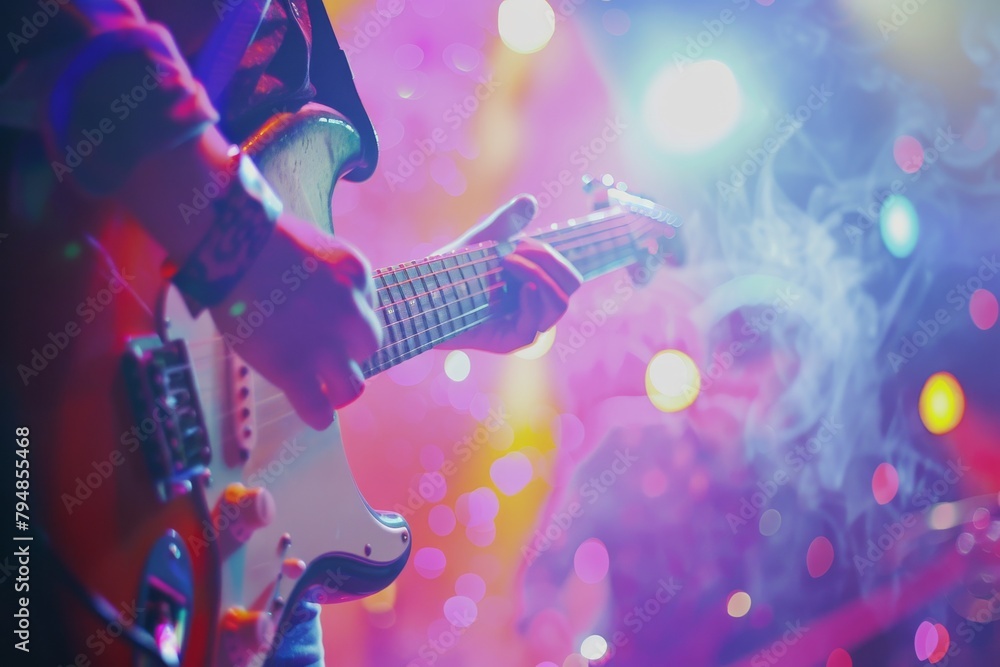 Obraz premium Close-up of a guitarist's hands playing the electric guitar with vibrant stage lighting and a dreamy atmosphere
