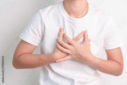 Woman hold Chest pain due to Respiratory and Cardiovascular system failure. Lung Cancer, Asthma disease, Chronic Obstructive Pulmonary or COPD, Bronchitis, Cystic Fibrosis, Bronchiectasis, Pneumonia