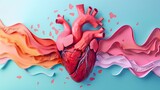 Heart attack paper cut vector. Cardiology disease medical poster. Anatomy of human cardiovascular organ abstract design and cardiogram, atherosclerotic vessel illustration