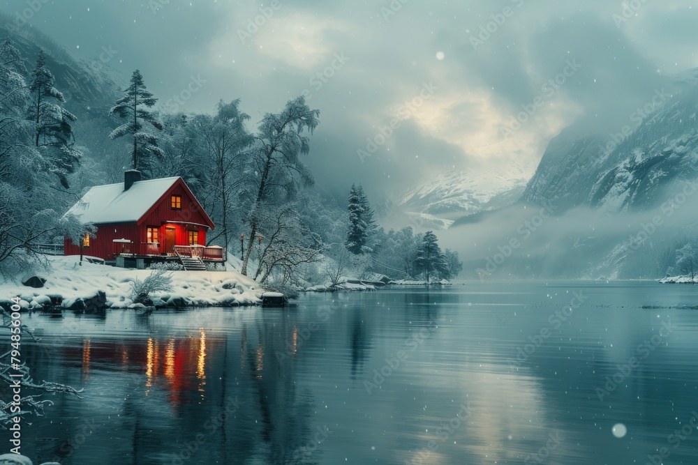 A serene winter scene featuring a warm, illuminated house by a frozen lake surrounded by snowy mountains