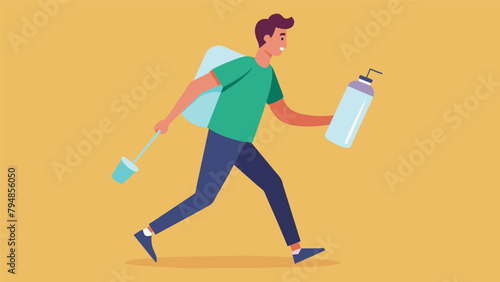 A man carrying a reusable water bottle and stainless steel straw avoiding singleuse plastic.