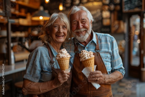 Happy senior couple sharing a joyful moment with ice cream cones at a local cafe, radiating warmth and happiness