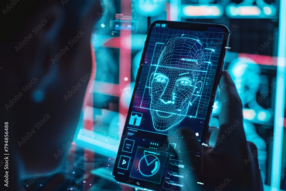 A person engages in facial recognition verification on his high-tech smartphone device A person engages in facial recognition verification on his high-tech smartphone device