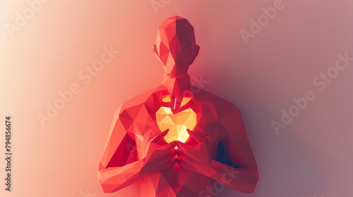 holding chest over heart attack symbol vector. Patient suffering from breast ache illustration. Cardiac problem, coronary disease. Paper cut origami craft art icon. Man,Women photo