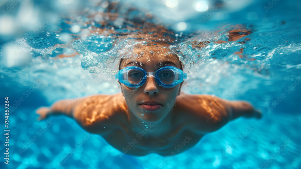 Young boy with goggles swimming underwater in a blue pool.