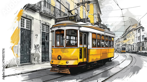 Yellow vintage tram on the street in Lisbon Portugal. photo