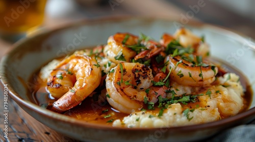 Artistic take on shrimp and grits, with luscious creamy grits and shrimp bathed in a mouthwatering sauce, minimalist isolated background, studio lighting