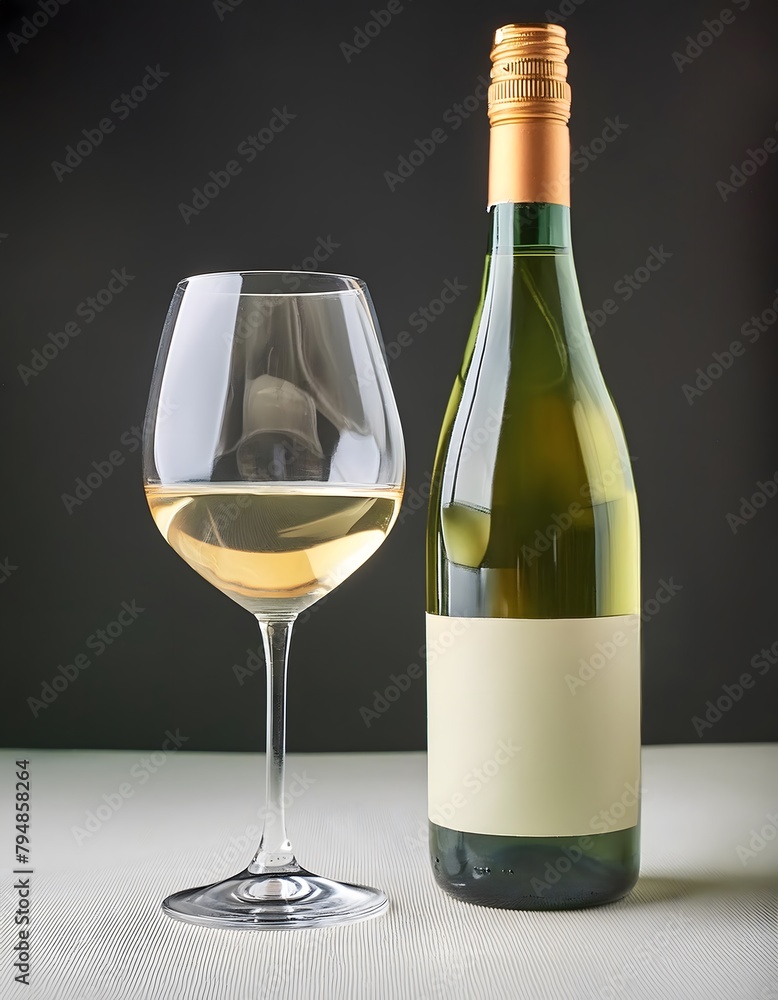 Fototapeta premium White wine bottle with a glass on minimalist background