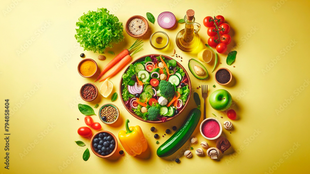 Fototapeta premium Fresh salad ingredients display on yellow background