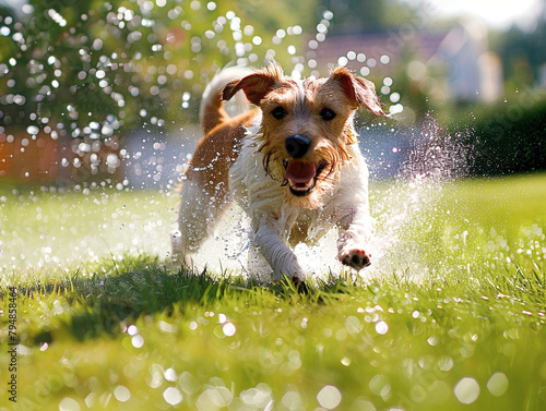 Playful dog romping in a sprinkler, enjoying the cool water on a hot summer day.