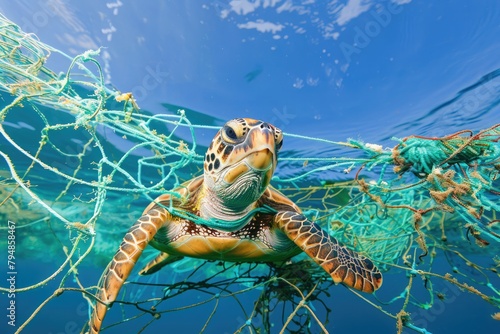 A sea turtle ensnared in discarded fishing nets, highlighting the threat of marine debris to ocean wildlife. photo