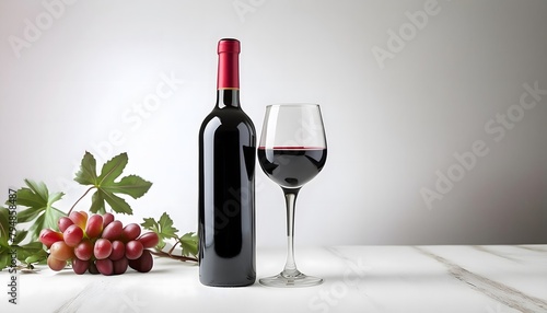 Red wine bottle and glass on a minimalist background
