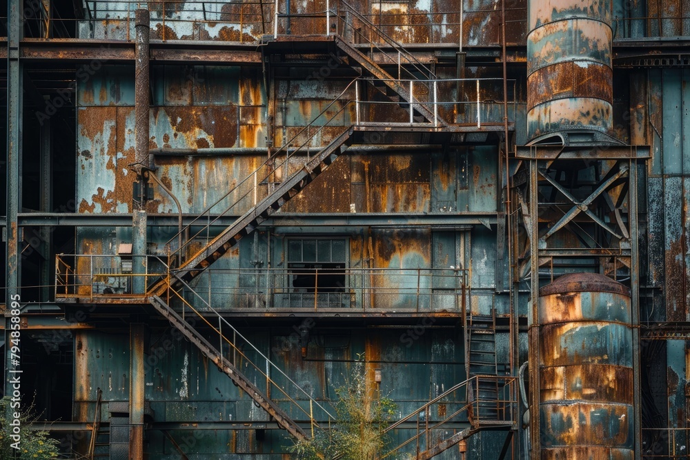 A rusting industrial facility abandoned in the wake of environmental regulations, symbolizing the transition to cleaner, sustainable energy sources.