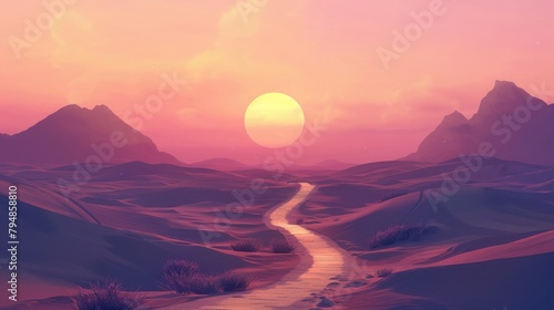 A sandy pathway meandering through a desert landscape, with towering sand dunes on either side, the sun setting in the distance.