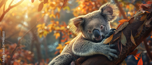 Koala Bear Sit On The Branch of the tree and eat leaves Wallpaper