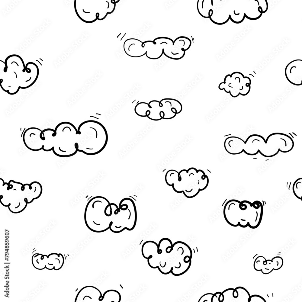 Doodle style vector clouds pattern on white background, perfect for textiles, stationery, websites and apps.