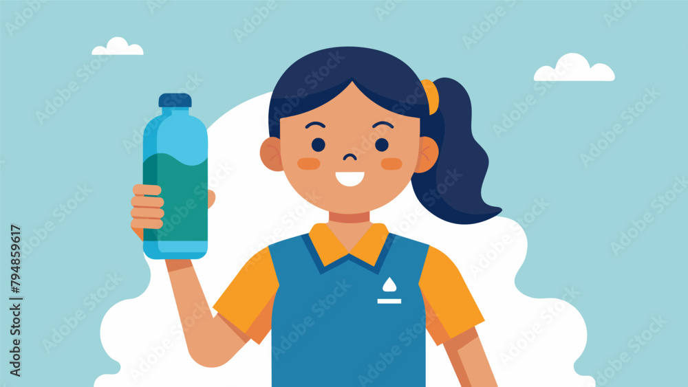 A student proudly showing off their reusable water bottle part of the schools initiative to reduce singleuse plastic. A student proudly showing off their reusable water bottle part of the schools initiative to reduce singleuse plastic.