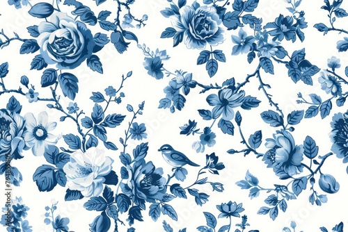 Vintage French Blue Floral Timeless blue and white floral pattern, ideal for vintage-themed interiors, seamñess pattern, background