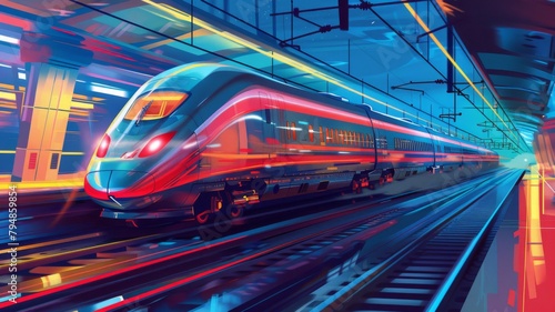 Futuristic train speeding in neon-lit station - A modern, high-speed train blurs through a vibrantly illuminated station with a futuristic neon aesthetic casting dynamic reflections