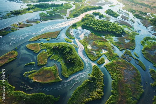 A river delta inundated by rising sea levels, displacing communities and disrupting ecosystems dependent on freshwater and saltwater interfaces. © Rustam