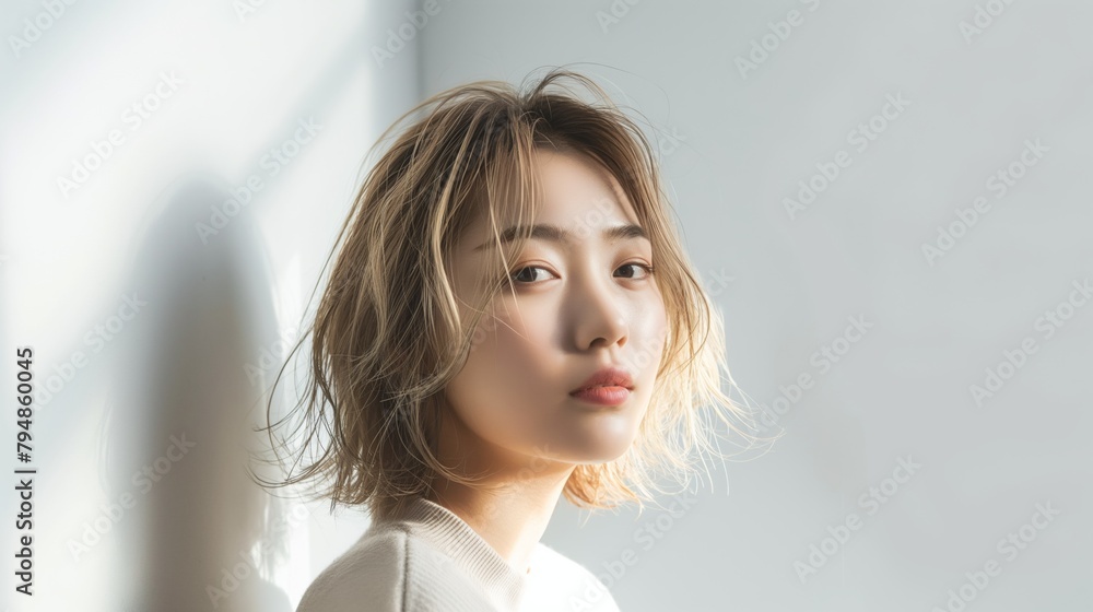 Asian blonde woman with short hair against a white background. Asian blonde woman with short hair against a white background.