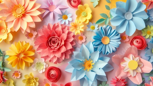 Paper flowers in pastel tones from birds-eye view - A soft and inviting display of handmade paper flowers in pastel colors neatly arranged and viewed from above