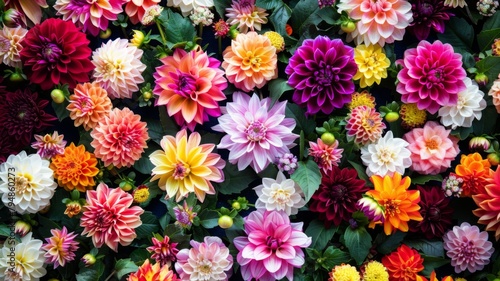 Kaleidoscope of colorful dahlia flowers - A stunning assortment of dahlia flowers of different sizes and colors, creating a kaleidoscopic effect