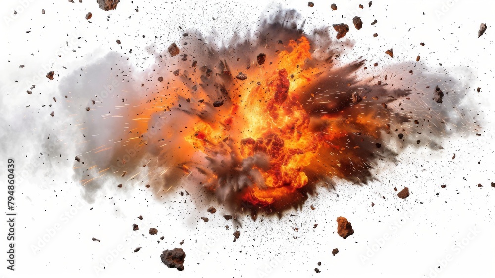 Intense explosion with fiery blast and debris - A visually striking image capturing a spectacular explosion with hot flames and flying debris against a white background