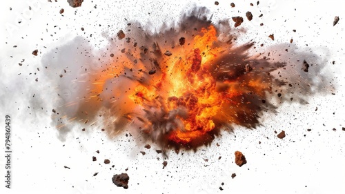 Intense explosion with fiery blast and debris - A visually striking image capturing a spectacular explosion with hot flames and flying debris against a white background photo