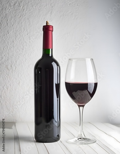Wine bottle with a glass on a minimalist background