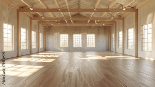 Rustic room with warm wooden floors and lighting - A warmly lit spacious room with rustic wooden floors  multiple windows providing ample natural light  and an open airy feel
