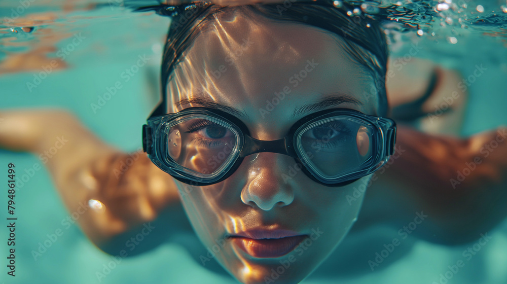 In the midst of aquatic bliss, a young girl’s confident gaze shines through her swimming goggles, embodying the exhilaration of a refreshing dip. motivation of a young swimmer in the pool