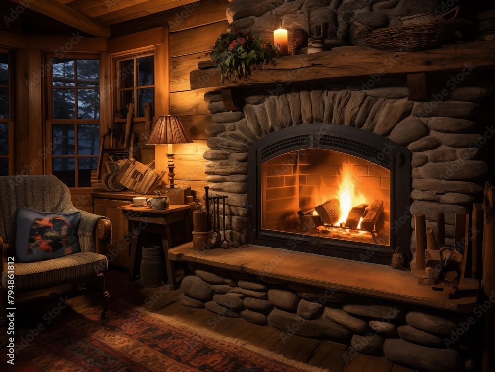 A Cozy Evening by the Fireplace in a Rustic Cabin A Cozy Evening by the Fireplace in a Rustic Cabin