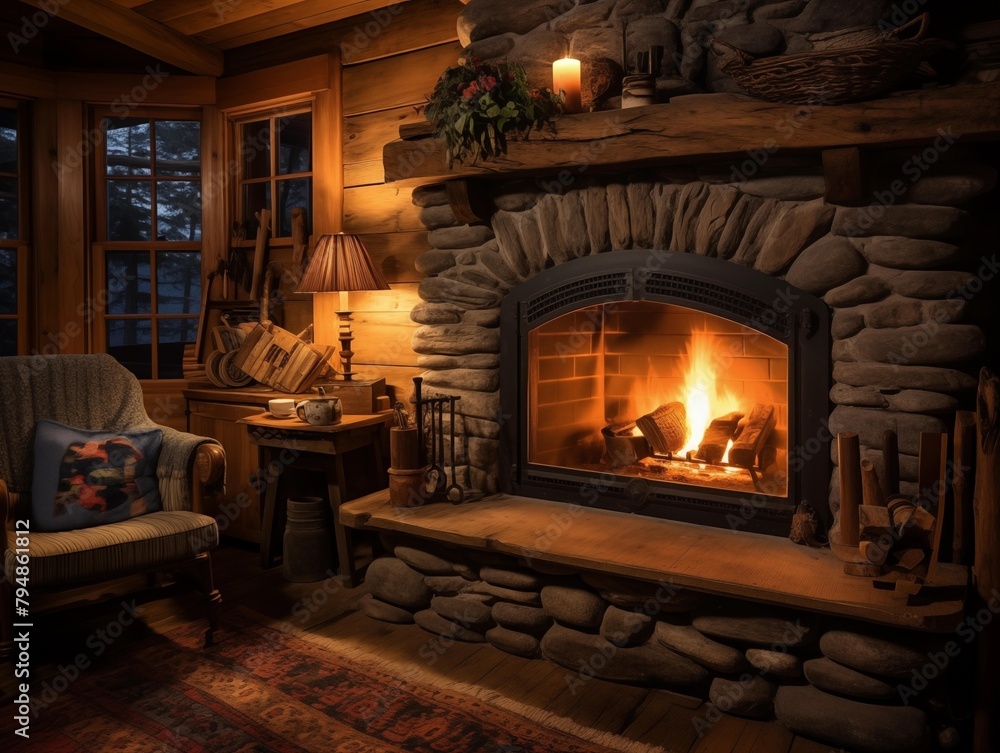 A Cozy Evening by the Fireplace in a Rustic Cabin