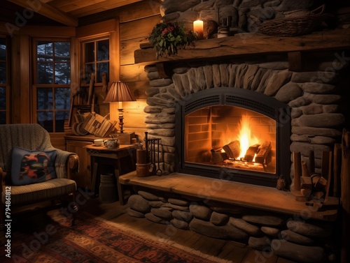 A Cozy Evening by the Fireplace in a Rustic Cabin