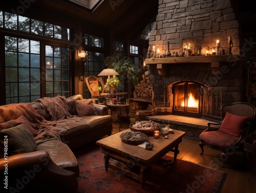 A Cozy Evening by the Fireplace in a Mountain Cabin