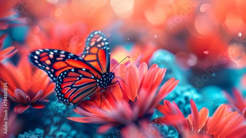  A tight shot of a butterfly atop a flower against a hazy backdrop of red daisies and assorted blooms