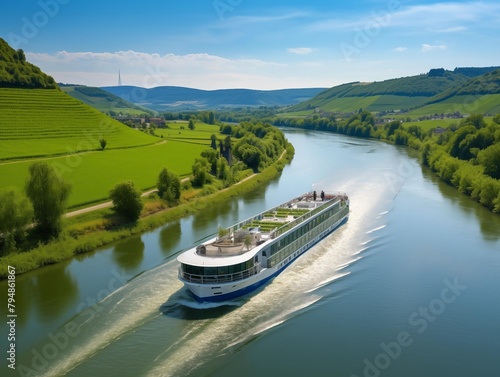 A Cruise Ship Sailing on a River Through Green Valleys on a Sunny Day